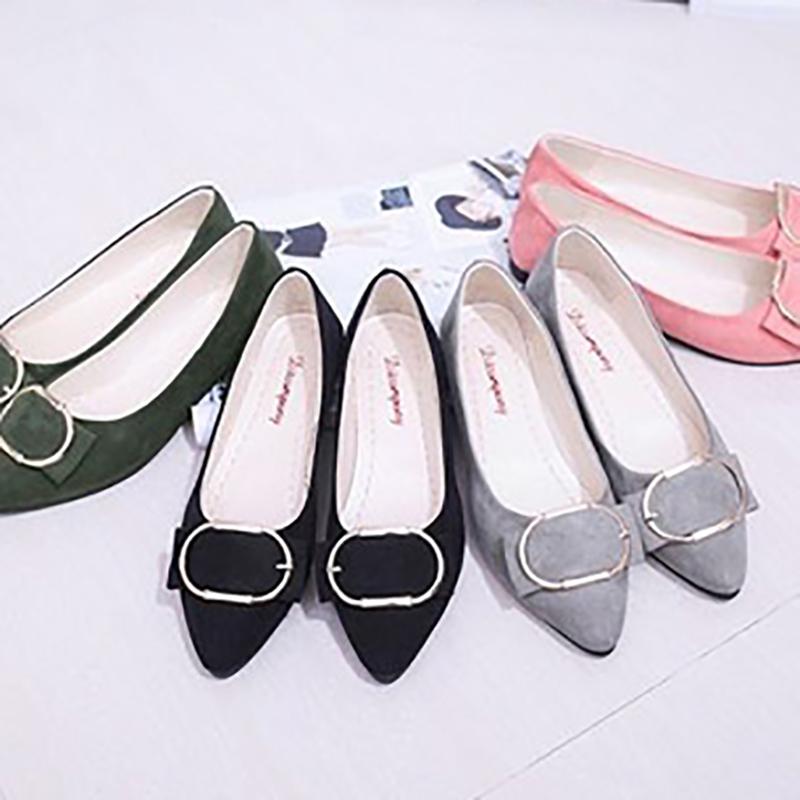 Korean Style Spring Pointed Toe Shoes All-match Square Buckle Women's Shoes Flat Heel Flat Shallow Mouth Comfortable Casual Large Size Women's Shoes