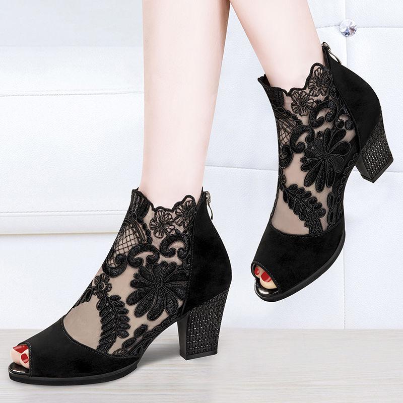 Sandals Female Fish Mouth Shoes Mid-heeled Large Size Sandals Breathable Mesh Shoes Ladies Lace High Heels Sexy All-match