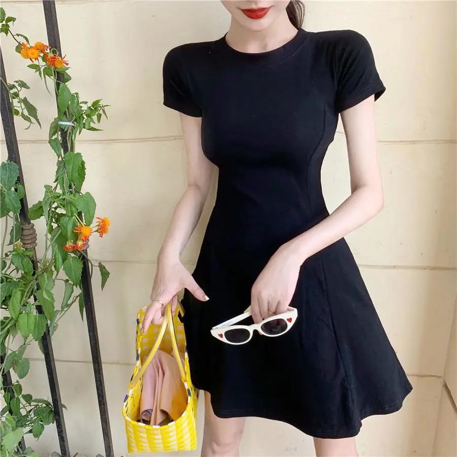 Women Summer Short Sleeve Solid Color Casual Dress Slim Round Collar High Waist T-shirt Figure Showing Dress