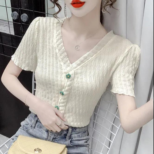 Deep-V Lace Jumper Summer Short Sleeve T-shirt Women Slim Shirt Retro French Casual Top