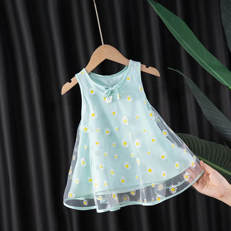 Girls Dress Summer New Children Baby Mesh Skirt Cute Princess Dress Round Neck Sleeveless A-line Skirt Girls Floral Dress