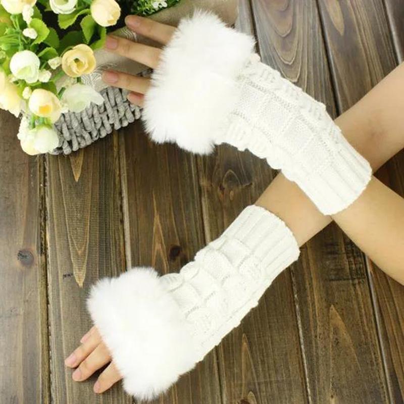 Women's Winter Plush Gloves Woolen Knitted Thickened Arm Sleeves Fake Sleeves Fingerless Mittens Half-finger Lengthened Hand Wrist Warmer Gloves