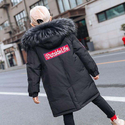 Winter Baby Down Jacket Boy Cotton Jacket Children's Jacket Letter Printed Cotton Clothing Plus Velvet Thick Warm Hoodedcoat