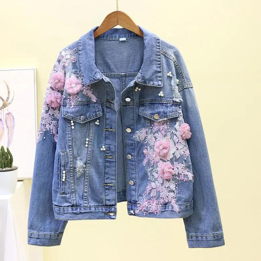 Spring and Autumn Heavy Industry Embroidery Three-dimensional Flower Hole Denim Short Jacket Women's Loose Long Sleeve Jacket Top