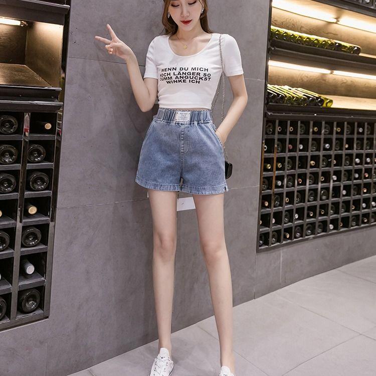 WTEMPO Women Elastic Waist Denim Shorts Loose Wide Leg A-line Thin Office Club Casual Party Dates Vocation