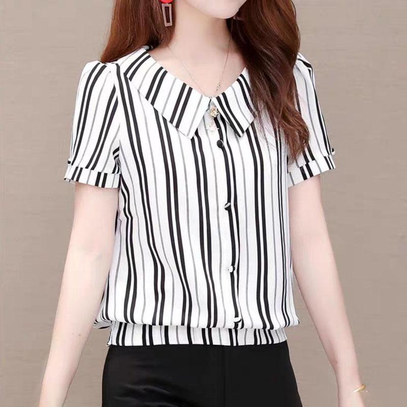 Short-sleeved Chiffon Shirt Women's Temperament Striped Shirt Top V-neck Short-sleeved Striped Thin Fabric Light and Breathable Cool