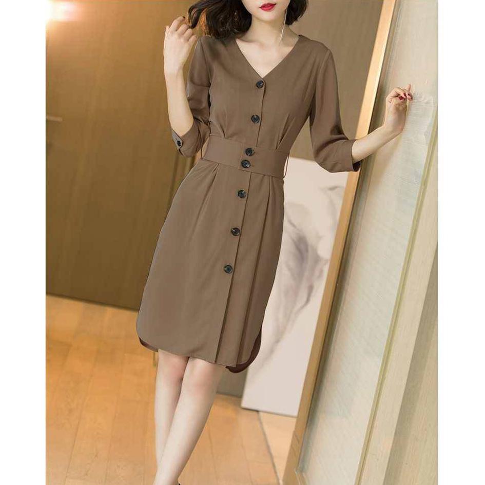 Shirt Dress Women Elegant Button Sash Belt Office Ladies Dresses Summer Ladies Khaki Work Dress