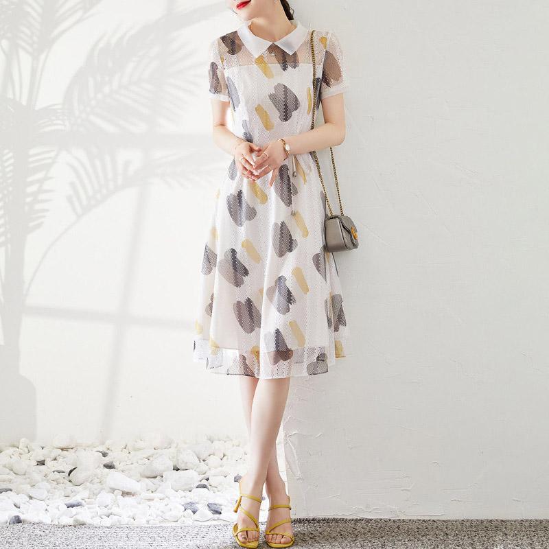 Summer Fashion Women 3/4 Sleeves Floral Printed Beach Dresses O-neck Organza Prom Party Dress