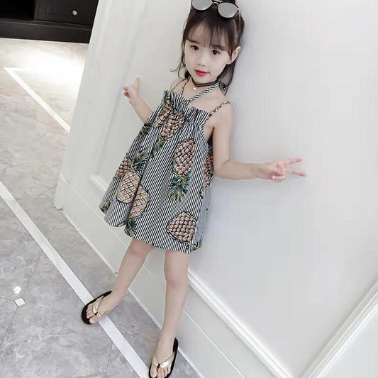 Children's Dress Girl's Suspender Dress Korean Version of Printed Fruit Striped Dress Backless Beach Princess Dress