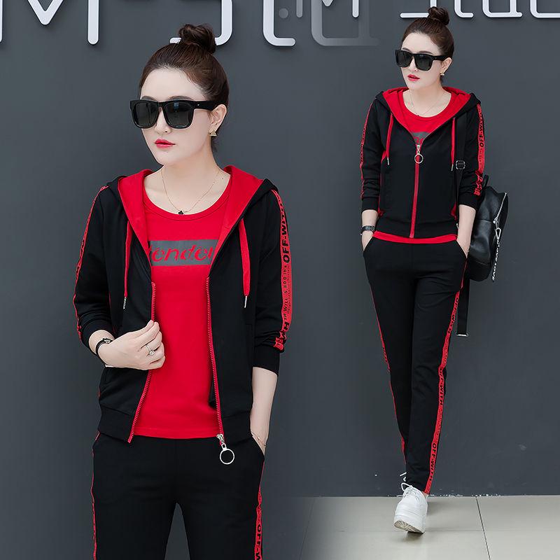 Spring and Autumn Women 3pcs set Wild Long Sleeve Casual Sweatshirt Set Large Size