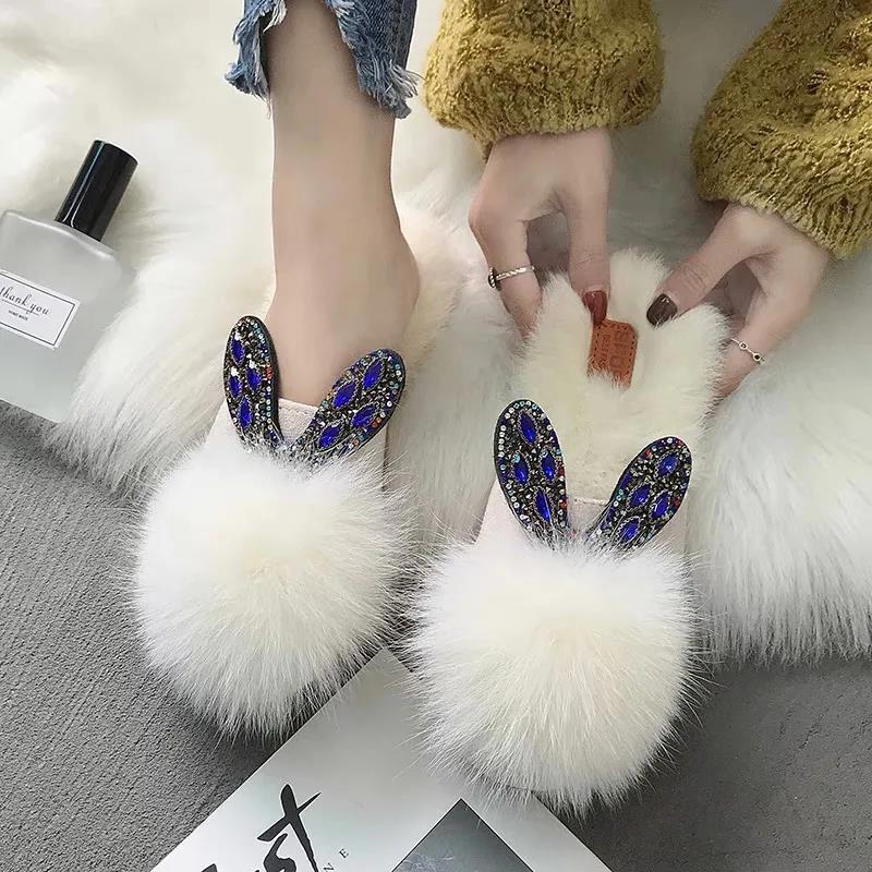 Furry Slippers Flat-bottomed Casual Wear Women's Shoes Artificial Rabbit Fur Cotton Slippers Women's Temperament Women's Shoes Moccasins