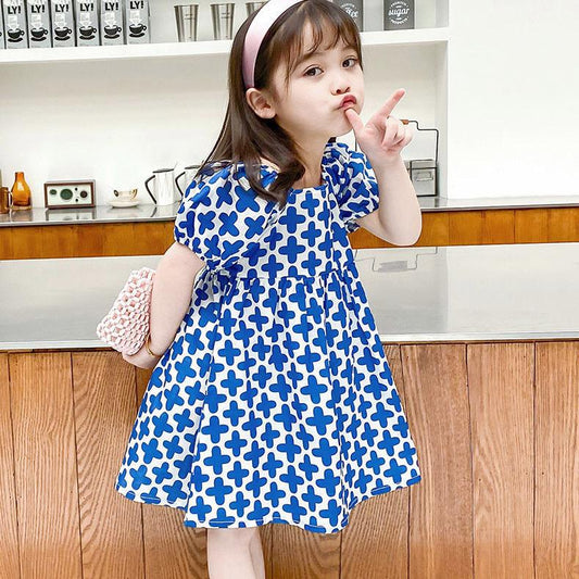 Children Dress Girls' Dress Korean Lovely Spring Summer Princess Dress Printed Floral Bubble Sleeve Baby Dress