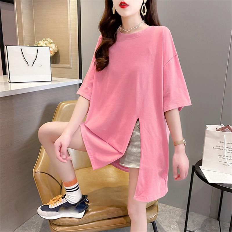 Long Short Sleeve T-shirt Loose Cotton Color Candy Color Ladies Long Loose Short Sleeve Casual T-Shirt Irregular Split T-Shirt Women