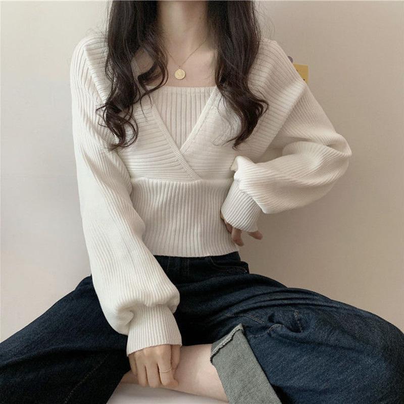 Design Sense Square Neck Bottoming Shirt Short Wild Sweater Puff Sleeve Knit Sweater Women's Temperament Knitted Top