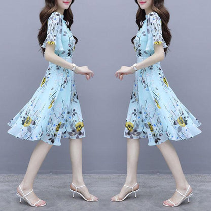 Pofulove S-2XL Women Summer High-end Floral Chiffon Dress Short-sleeved V-neck A-line Sun-dresses