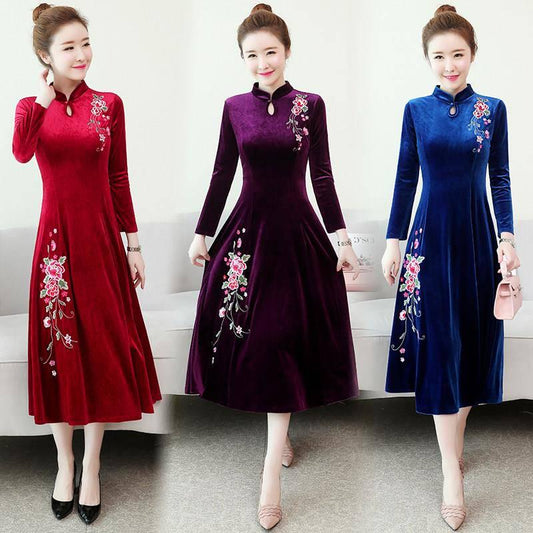 Wild gold velvet cheongsam dress female long skirt long sleeve plus size slim bottoming skirt