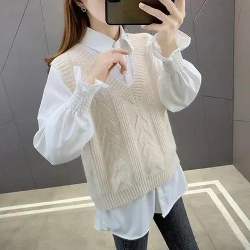 Sweater Women's Vest Vest V-neck Pullover Sweater Loose and Versatile Sleeveless Thin Solid Color Sweater Top Fabric Comfortable