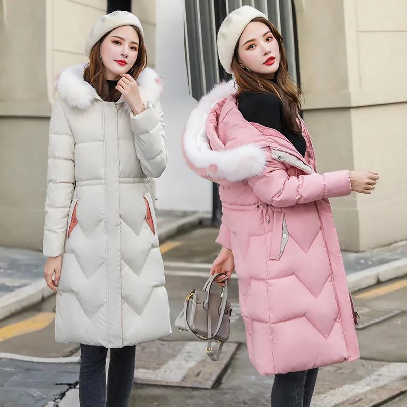 Down Jacket Winter Ladies Fashion Korean Big Fur Collar Thick Warm Hooded Mid-length Plus Size Cotton Jacket