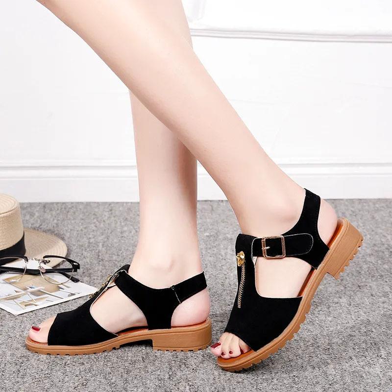 Women's Flat Sandals Summer One Word Buckle Shoes Zipper Stitching Flat Heels Simple Korean All-match Casual Sandals Soft Sole Comfortable Sandal