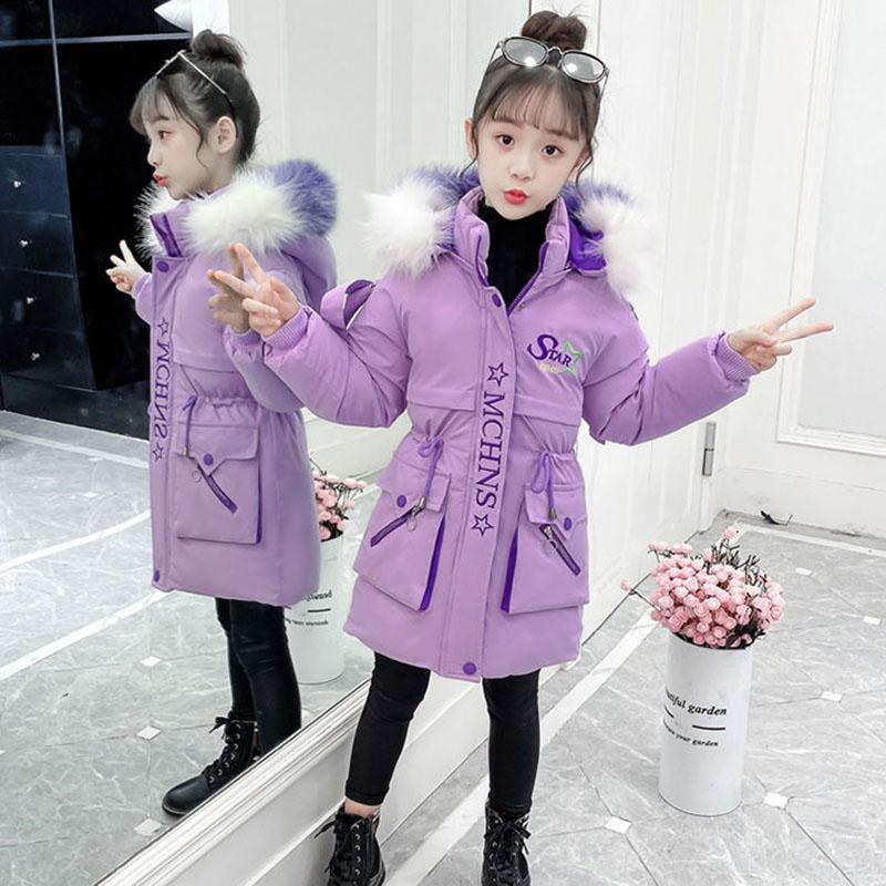 Girls' Warm Cotton Coat Thicken Coat Mid-length Cotton-padded Jacket with Color Fur Collar