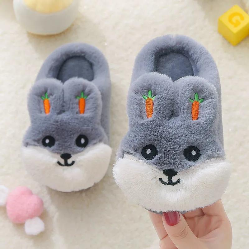 Winter Kids Slippers Cartoon Cute Rabbit Sliders Shoes for Boys Girls Toddler Slippers Plush Soft Fur Cotton Home Indoor Furry Children Baby Slippers