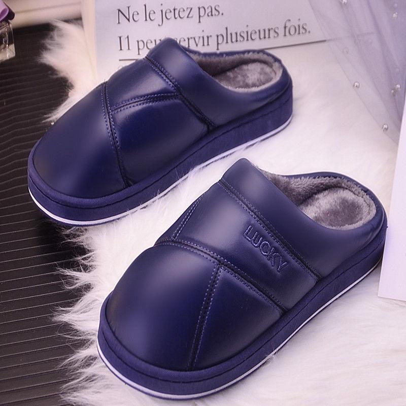 Waterproof Cotton Slippers Women Autumn and Winter PU Surface Soft Bottom Non-slip Couples Home Thick Bottom Solid Color Warm Cotton Slippers Men