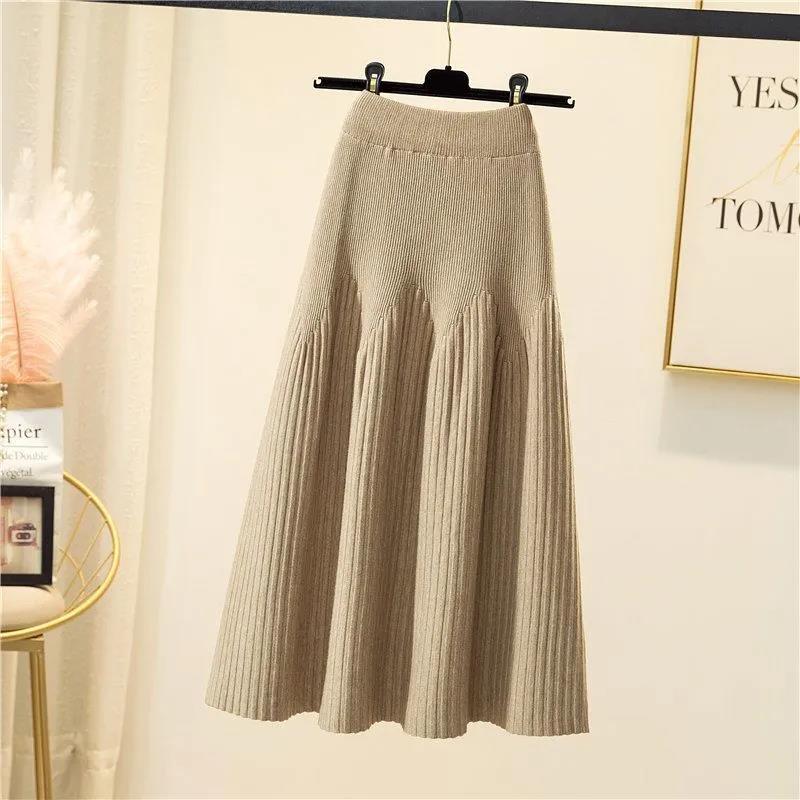 Autumn and Winter Ladies Mid-length All-match A-line Knitted Skirt Is Thin and Pleated Skirt