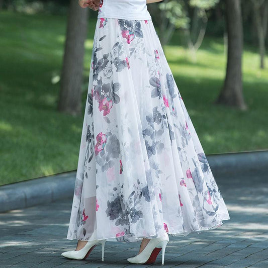 Summer New Chiffon Skirt Long Plus Size Skirt Bohemian Floral Big Swing Female Beach Skirt Long Skirt Women's A-line Skirt