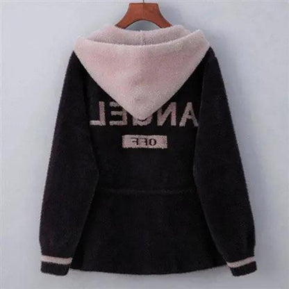 Autumn and Winter Stitching Color Letters Loose Button Short Jacket Thick Knitted Hooded Cardigan Sweater