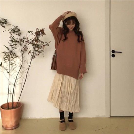 8 Colors Women Warm Oversize O-Neck Loose Sweater Blouse Simple Color Girly Sweaters