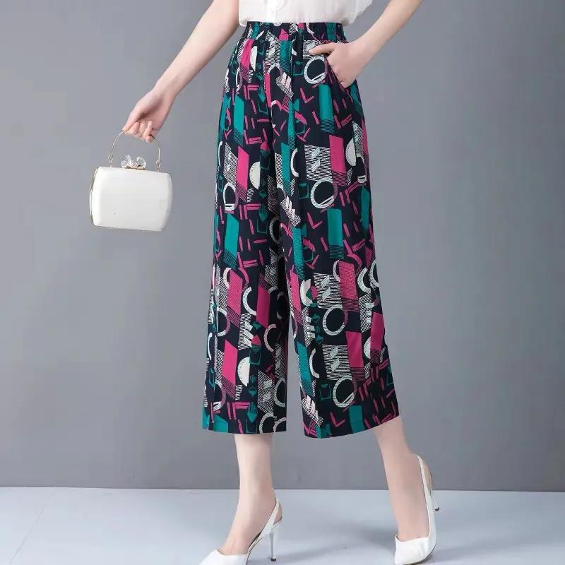 Women Summer Large Size High Waist Wide Leg Casual Pants Loose Elastic Waist Geometric Pattern Printed Thin Cropped Pants