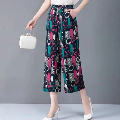 Women Summer Large Size High Waist Wide Leg Casual Pants Loose Elastic Waist Geometric Pattern Printed Thin Cropped Pants