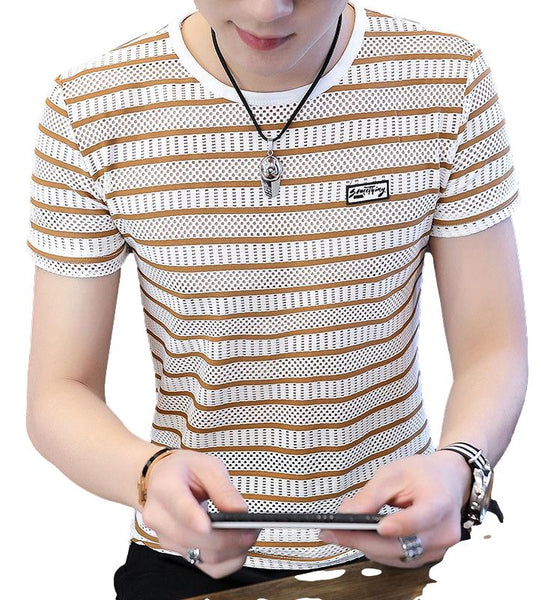 Summer Ice Silk Short-sleeved T-shirt Male Trend Men's Short-sleeved Male T-shirt Hollow Men's Short-sleeved Shirt