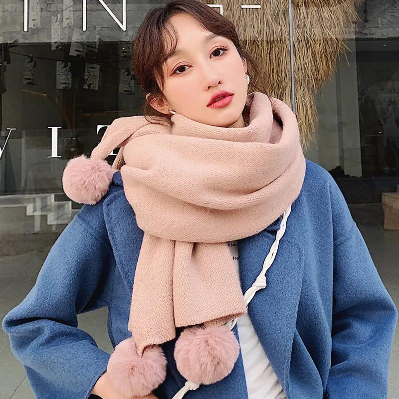 Winter Women's Warm Bib Pure Color Woolen Ball Knitted Scarf Lengthened Thick Woolen Scarf