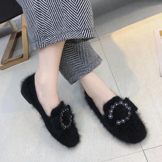 Peas Shoes Women Wild Furry Overshoes Women Casual Flat Single Shoes Furry Shoes Ladies Temperament Moccasin Shoes