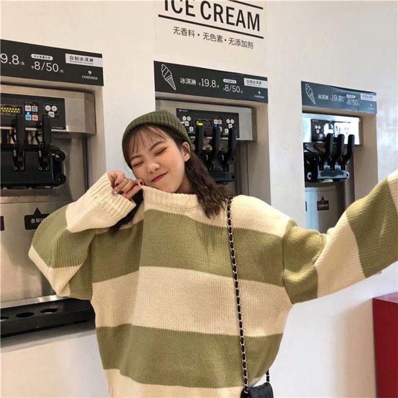 Autumn and Winter Striped Turtleneck Sweater for Female Students Korean Version of Loose and Lazy Lantern Sleeve Pullover Sweater Coat