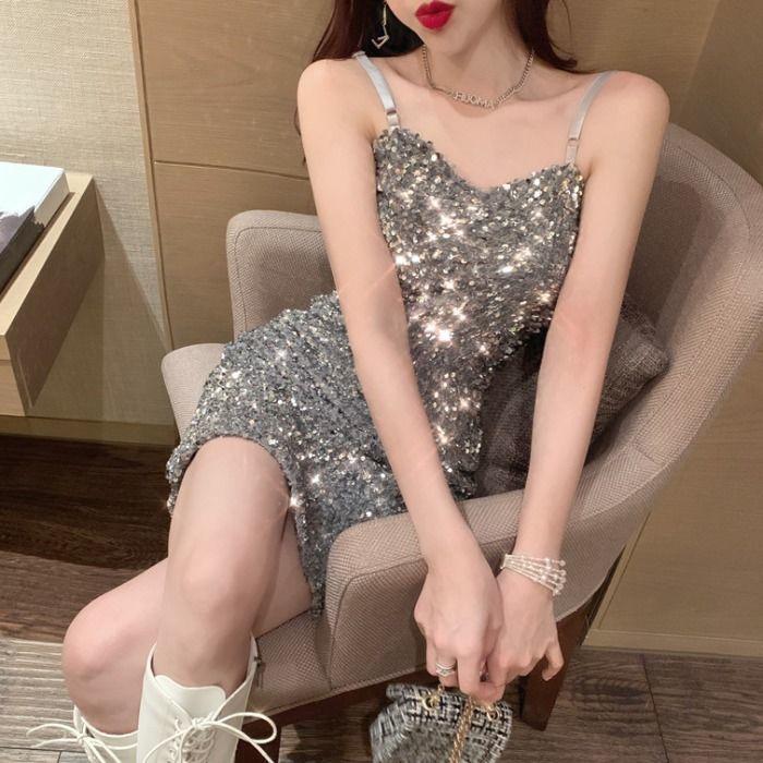 Women's Summer Open Back Solid Color Slim Fit Flash Sequin Suspender Hip Wrap Short Dress