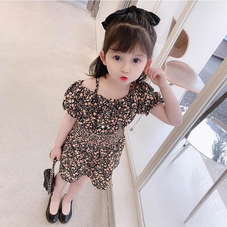 Children Dress Spring Summer Girls' Sling Dress Floral Skirt Short Sleeve Girdle Broken Flower Princess Skirt