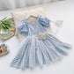 Girls Summer Children's Checkered Net Gauze Dress Little Girl Puff Sleeve Pleated Dress