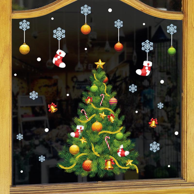 Christmas scene layout shop window glass Christmas tree wall stickers window flower ornaments