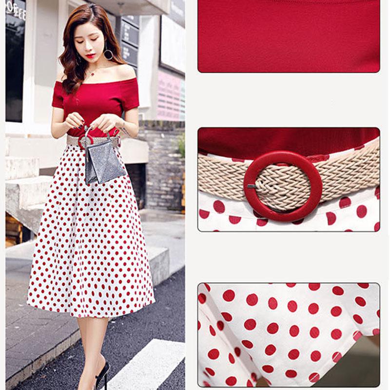 Pofulove Women Summer T Shirt Set Off Shoulder T-shirt High Waist Polka Dot Skirt 2piece Sets