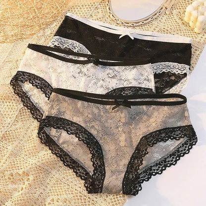 3Pcs/Set Girl's All-match Mid Waist Seamless Cotton Underpants Women's Solid Color Large Size Causal Lace Briefs