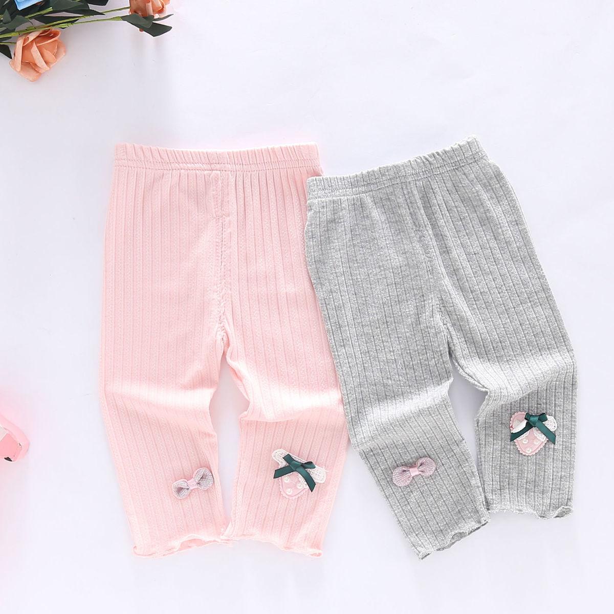 Girls' Leggings Children's Spring and Autumn Thin Bow Strawberry Korean Cropped Trousers Stretch Pants Baby Outer Wear and Inner Wear