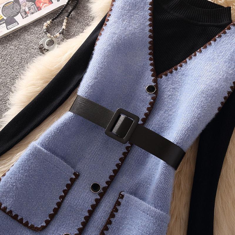 Autumn and Winter Solid Color Knitted Bottoming Shirt and Waistcoat Two-piece Set Waist Was Thinner Female Thermal Suit French Retro Style