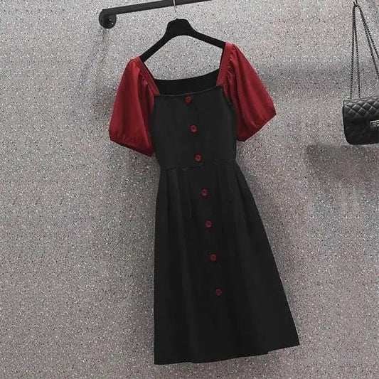 Women Summer Vintage High Waist Fairy Casual Dress Elegant Slim Short Sleeve Patchwork Pleated Mid-length Dress