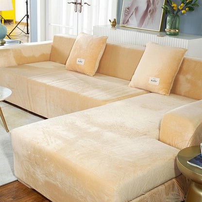 Elasticated Plush Sofa Covers for Living Room Velvet Corner Armchair Couch Pleads Cover Sets 2 and 3 Seater L Shape Furniture