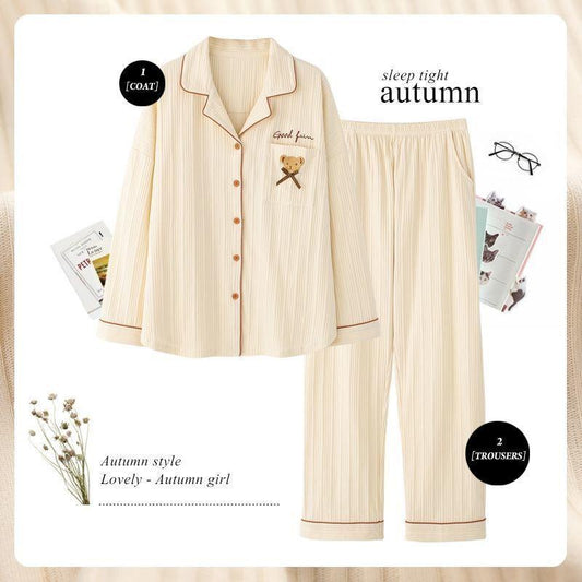 Pajamas Women's Cotton Solid Color Long-sleeved Suit Cartoon Cute Can Be Worn Outside Cotton Silk Home Service Pajamas Suit Thin