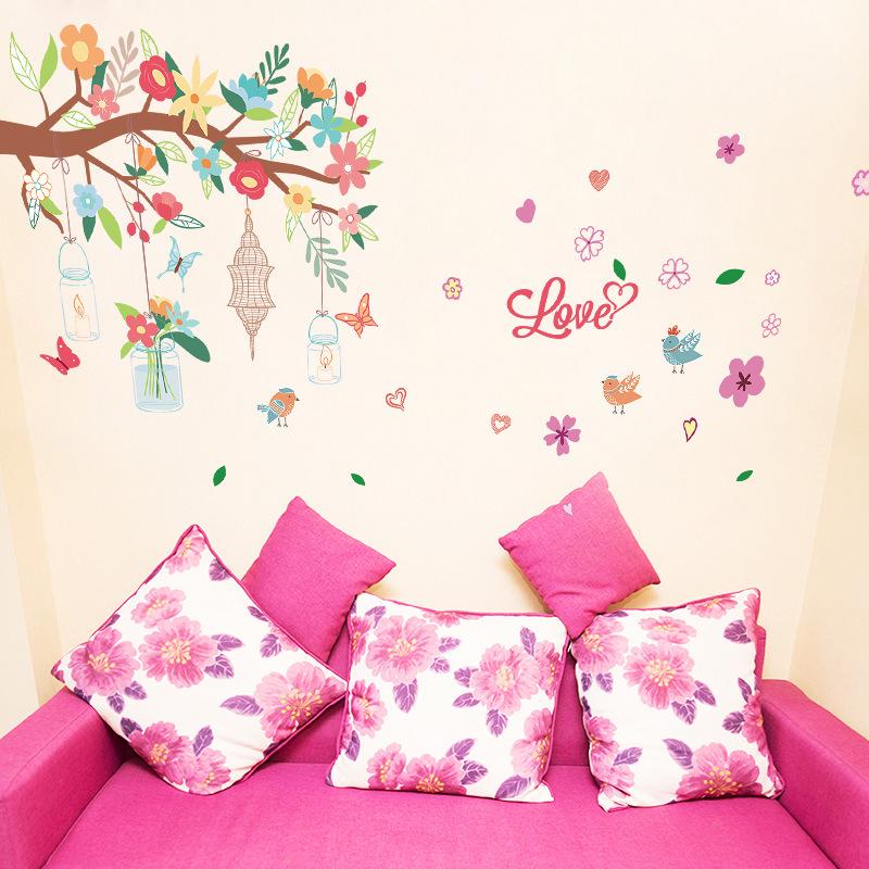 Pink Romantic Bird Cage Flower Colorful Tree Removable Wall Sticker Waterproof Wallpaper