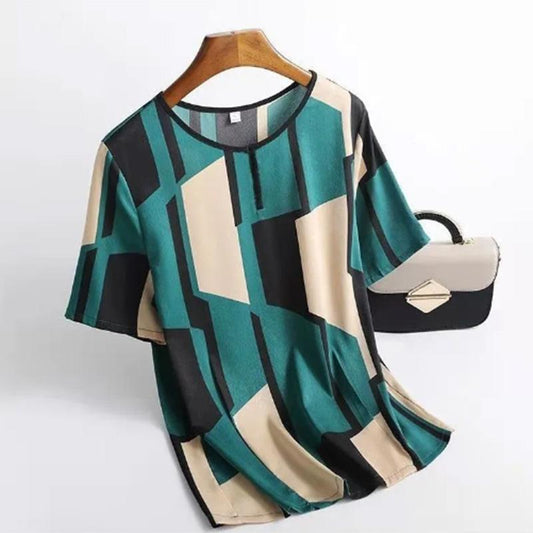 Summer Ice Silk T-shirt Women Middle-aged and Elderly Mothers Wear Thin Western-style Large Size Top Printing Loose and Thin Bottoming Shirt