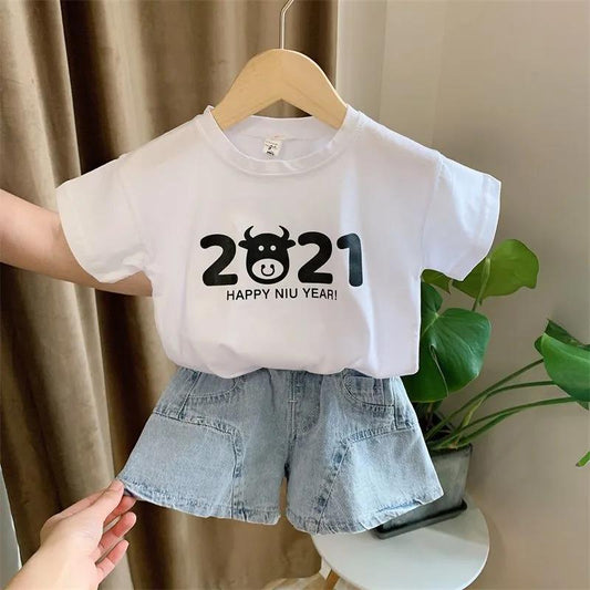 2PCS Children Clothing Set Spring Summer Girls Suits Printing Letter Cattle Short Sleeve Tops + Denim Pants Clothing Set